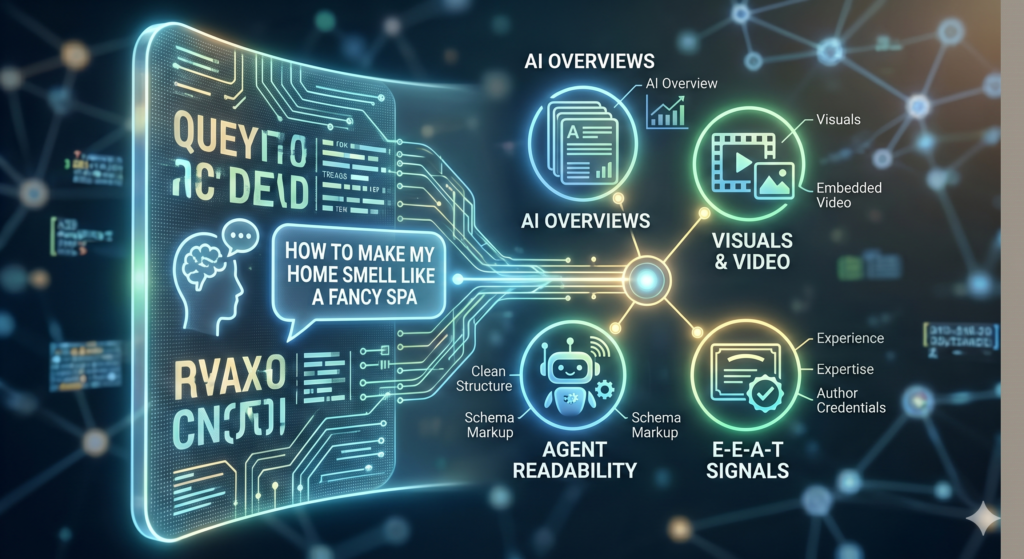A conceptual illustration focusing on the internal mechanics of how AI processes these complex queries. It breaks down the single human problem ('I want to make my home smell like a fancy spa...') into a structured flow that AI systems parse: 'Visuals & Video,' 'E-E-A-T Signals,' 'Agent Readability (Schema),' and 'AI Overviews.' This perfectly illustrates why the old keyword strategy fails.