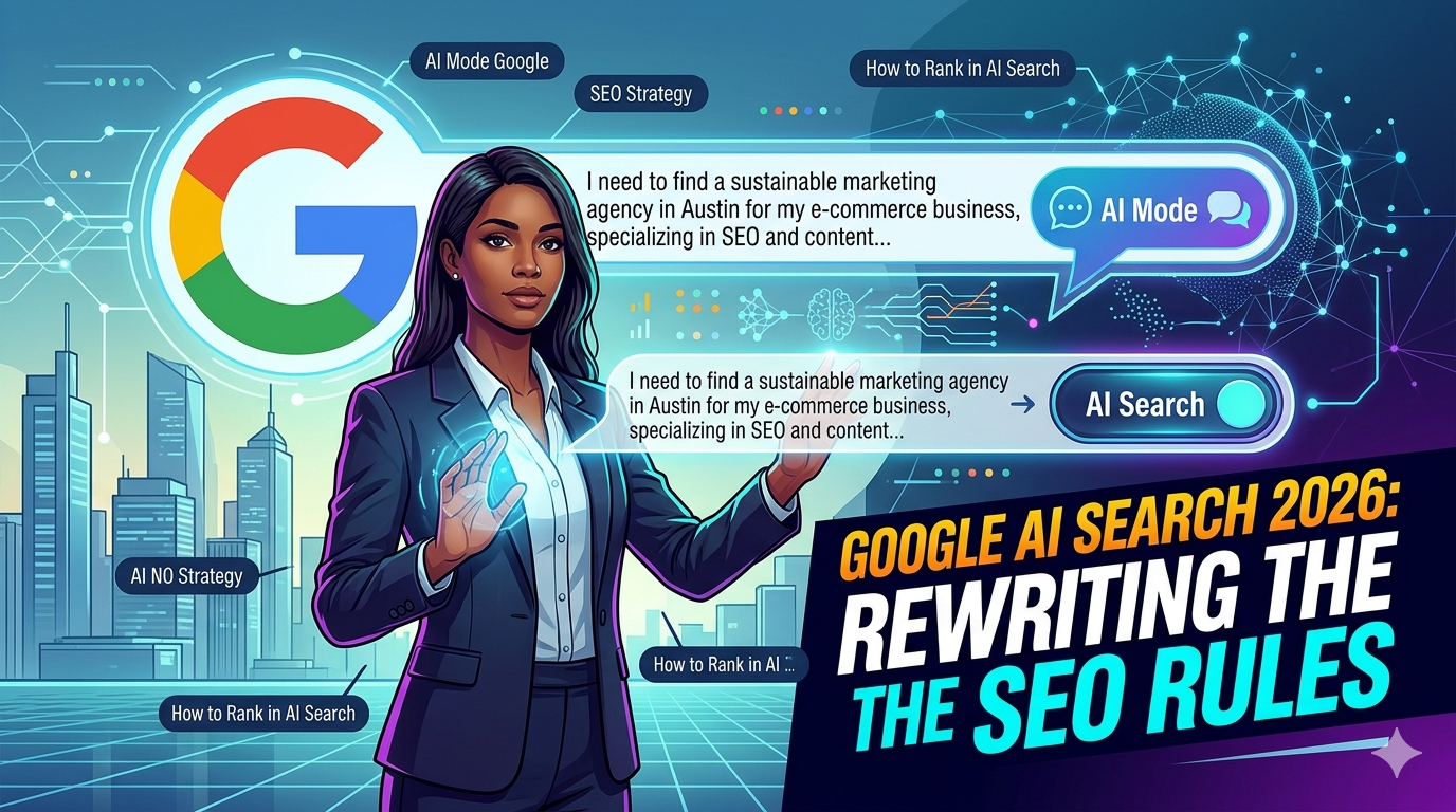 A dynamic digital illustration showing a professional interacting with a futuristic, expanding Google Search interface that transforms into a conversational 'AI Mode' bubble. It highlights complex user queries ('I need to find a sustainable marketing agency...') that define the new landscape. The bold headline 'GOOGLE AI SEARCH 2026' emphasizes the structural shift.